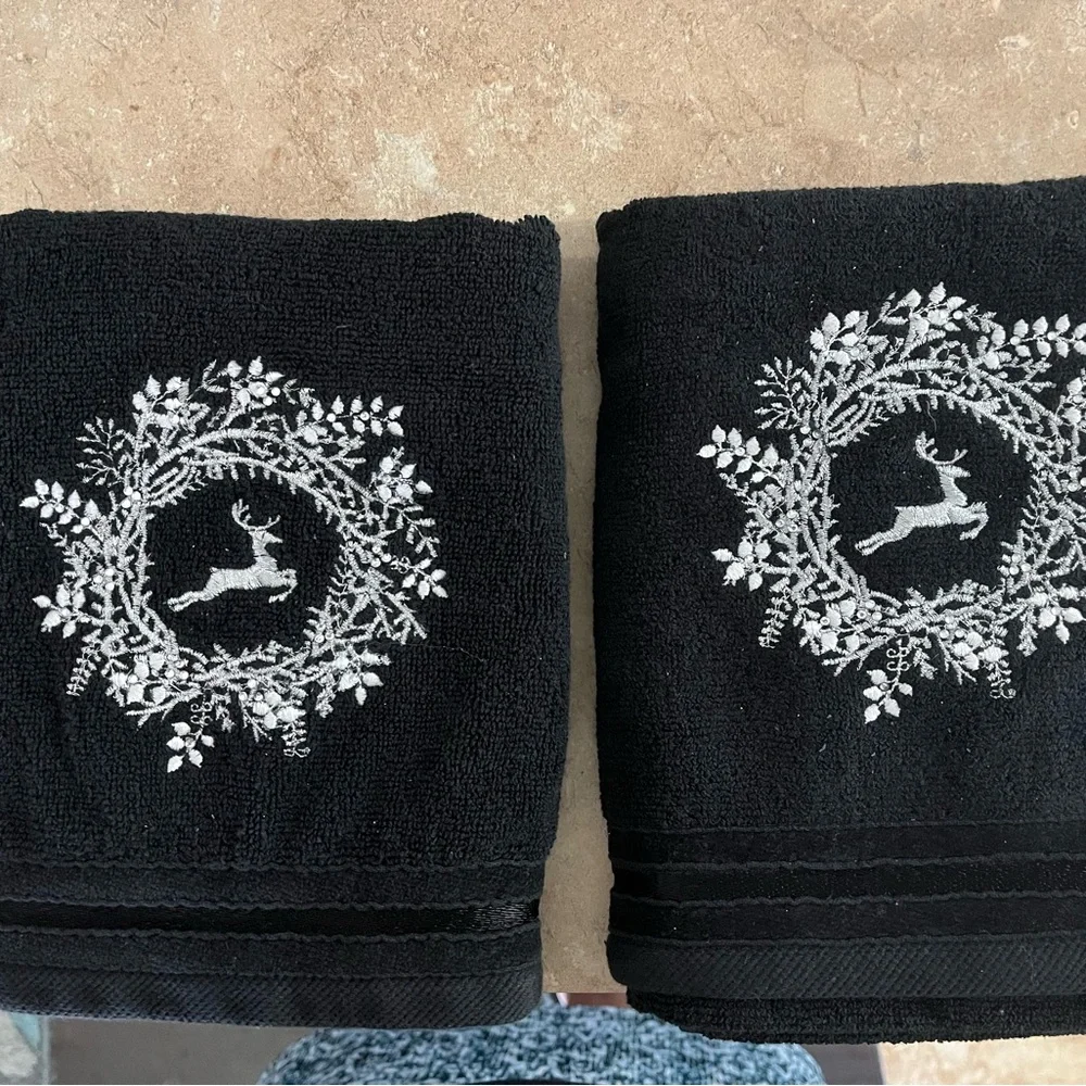 Black Towels with Silver Deer Embroidery